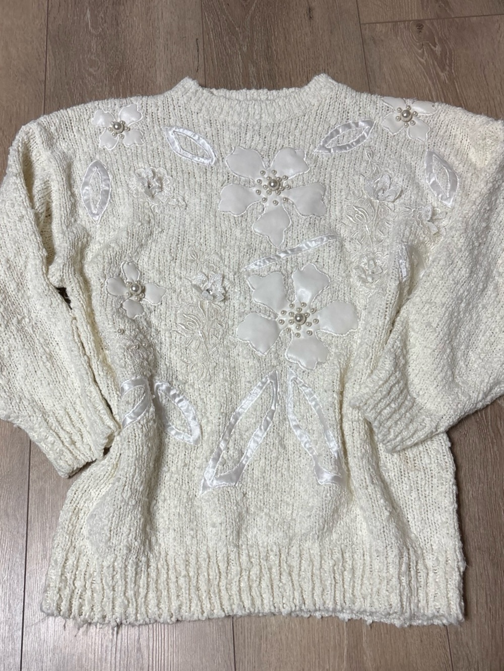 Vintage Cream Embellished Crewneck Sweater with Satin Floral Appliqués